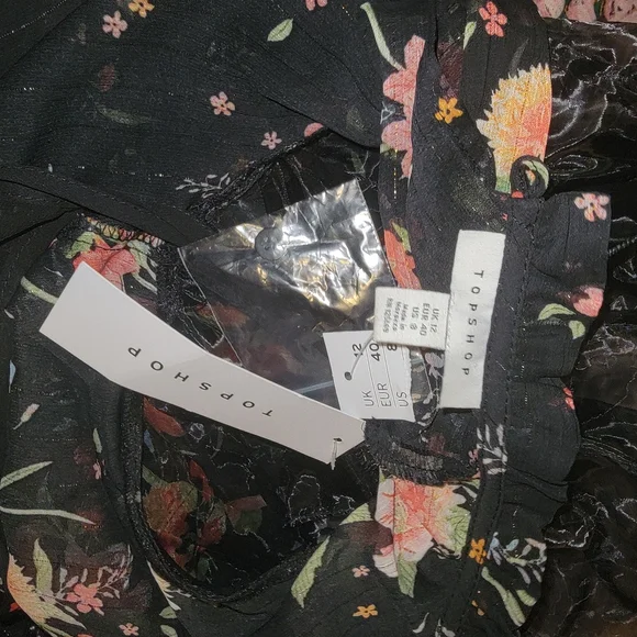 Topshop Black & Pink Floral Print Midi Dress Organza Sleeves - Picture 4 of 5